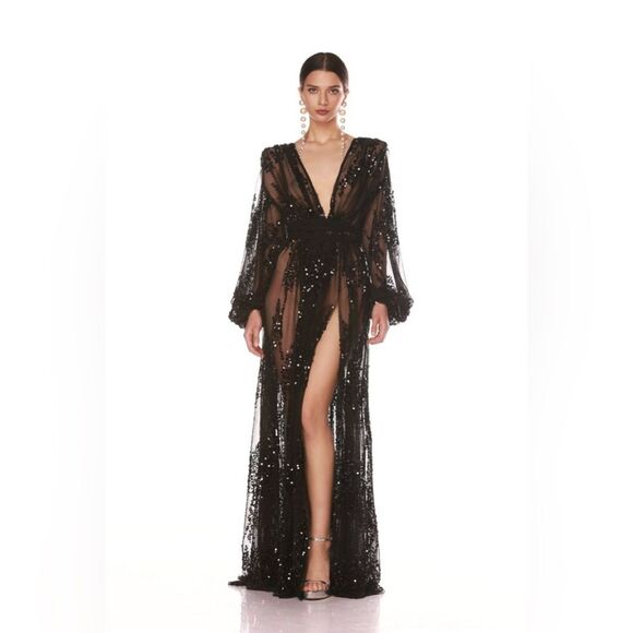 NWOT BRONX AND BANCO Amber Zoe Gown Elegant Black Sheer Gown - Picture 1 of 16